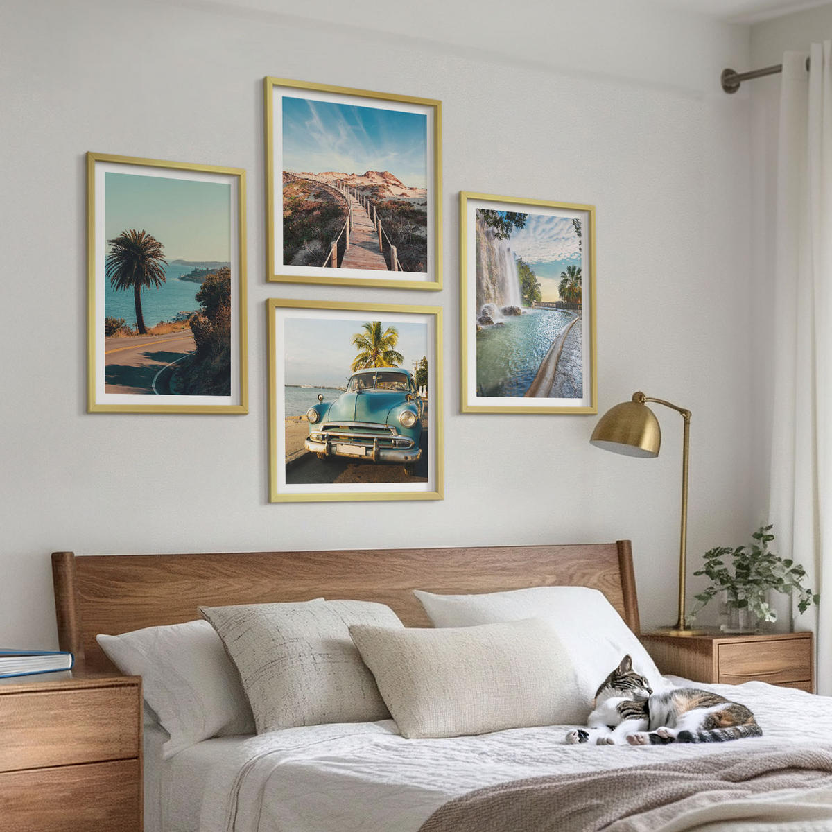 BILDER SET 4er Set - 50x50 cm & 40x60 cm Goldrahmen - Urlaub Palmen Wasserfall - Goldfarben, Kunststoff (50/50cm) - TULUP
