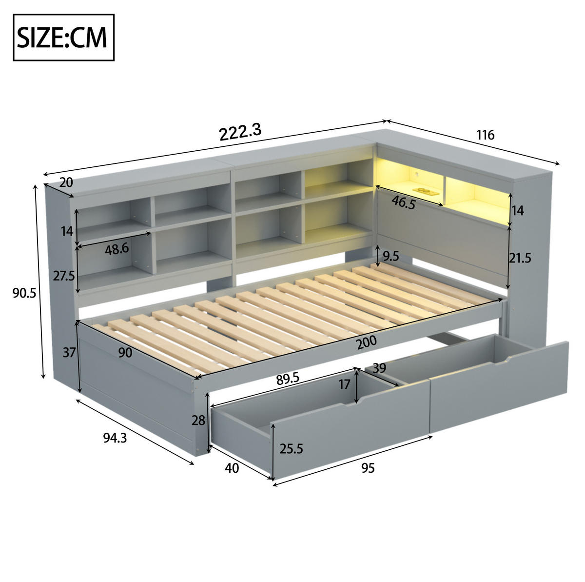 BETT 90/200 cm aus Massivholz mit Stauraum, LED und USB, Grau - Grau, Holzwerkstoff (90/200cm) - Flora Grace