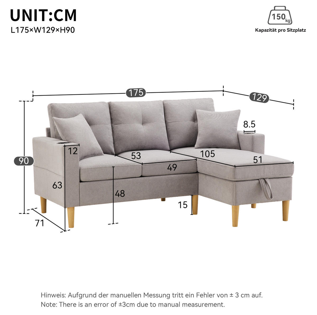 SOFA mit Chaiselongue und Stauraum 175 x 129 cm Baumwoll-Leinen Hellgrau - Hellgrau, Textil (175/129cm) - IVMEU