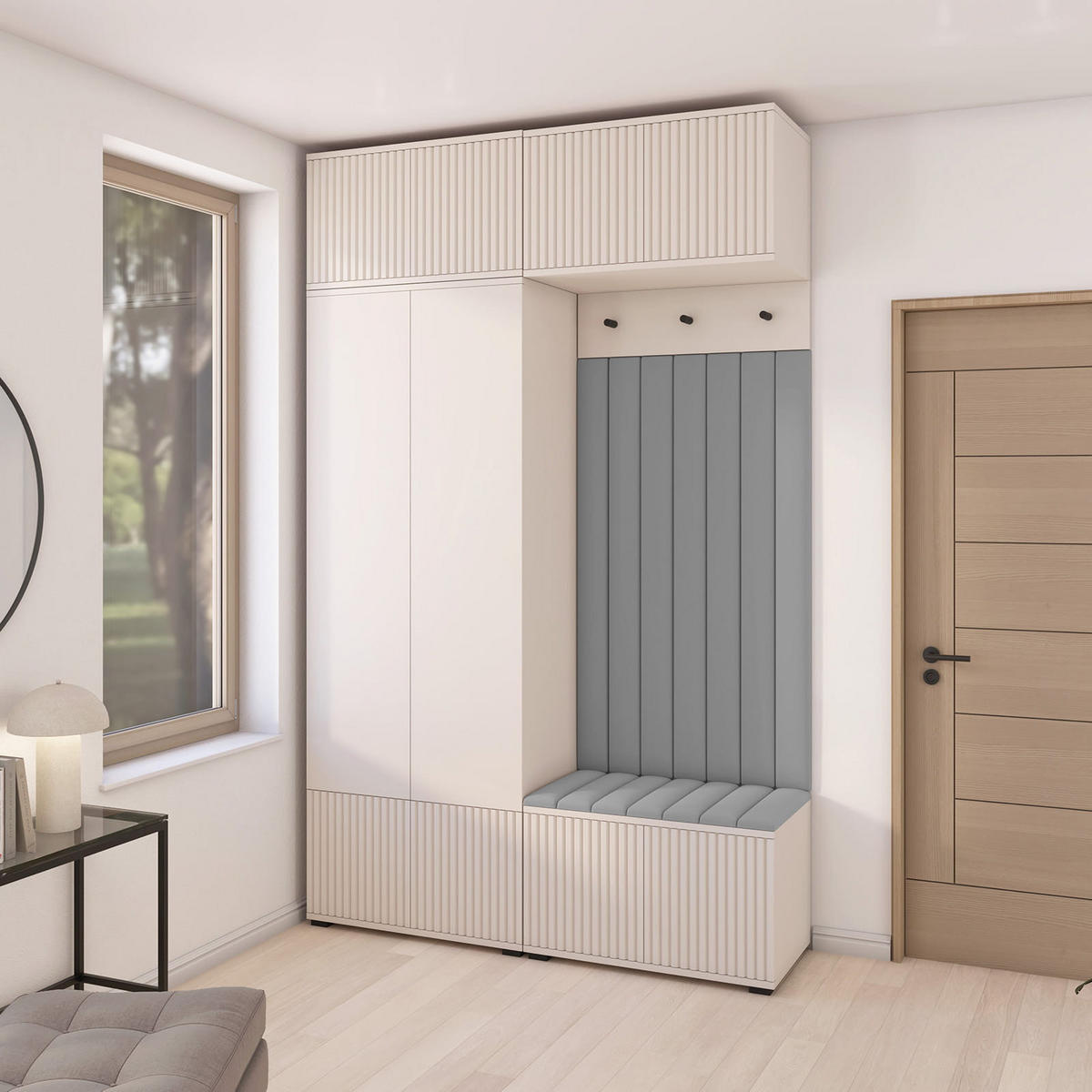 GARDEROBE Ritmo version 2 mit POLSTERPANEELEN GRAU - Beige/Grau, Holzwerkstoff (140/225/40cm) - Jerpax