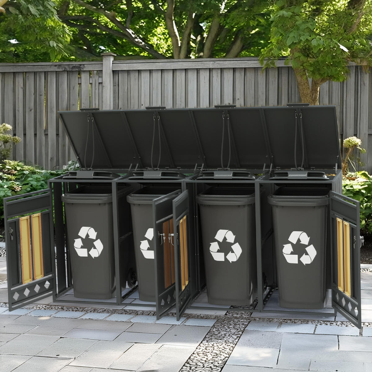 MÜLLTONNENBOX Klappdeckel 4 Türen Holzoptik vertikal - Grau, Metall (132/118.5/80cm) - LEBENLANG