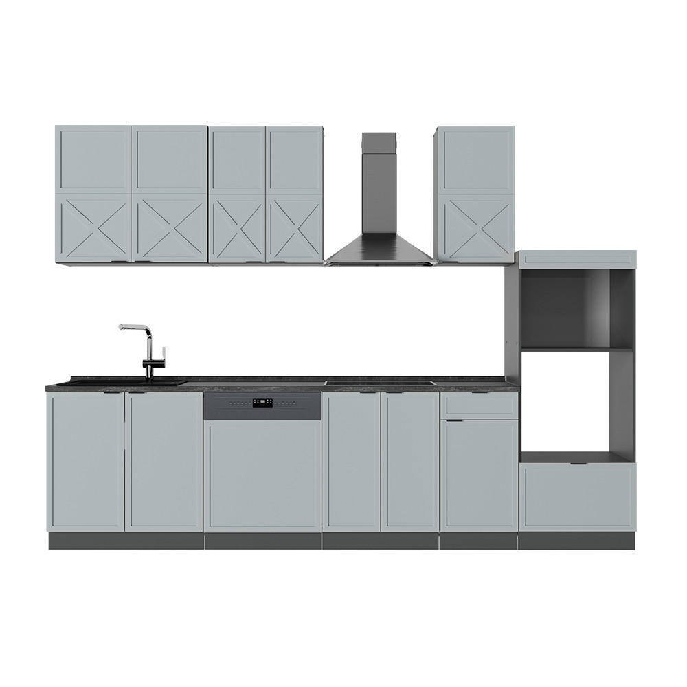 KÜCHENZEILE Fame-Line Hellblau-grau/Anthrazit 300 cm AP Anthrazit - Anthrazit/Blaugrau, Holzwerkstoff (300/81.6/60cm) - Vicco