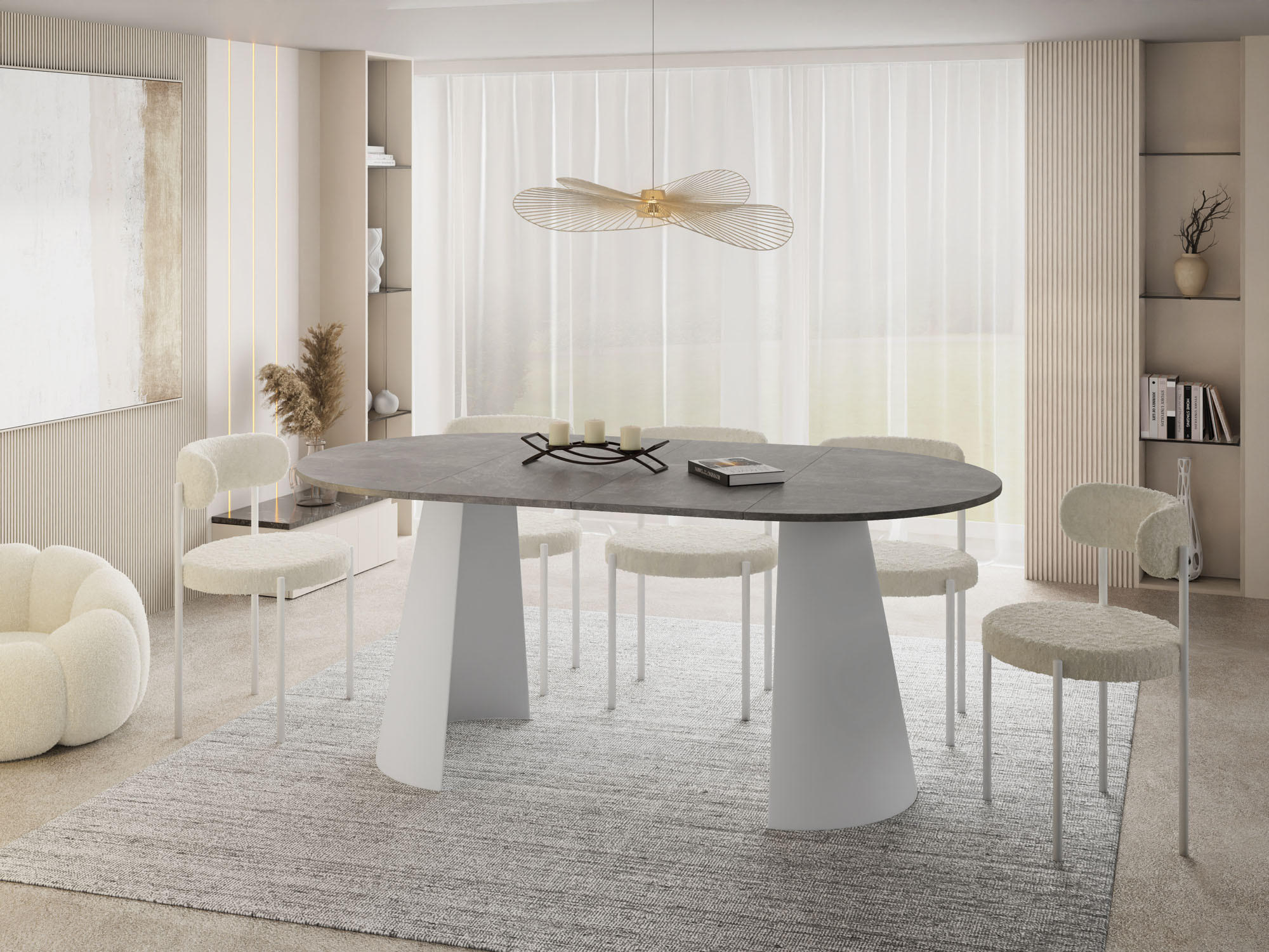 ESSTISCH Lamio runder ausziehbarer, Grauer Beton 100-180/100/76 cm - Hellgrau/Weiß, Holzwerkstoff/Metall (100/100/76cm) - WFL GROUP