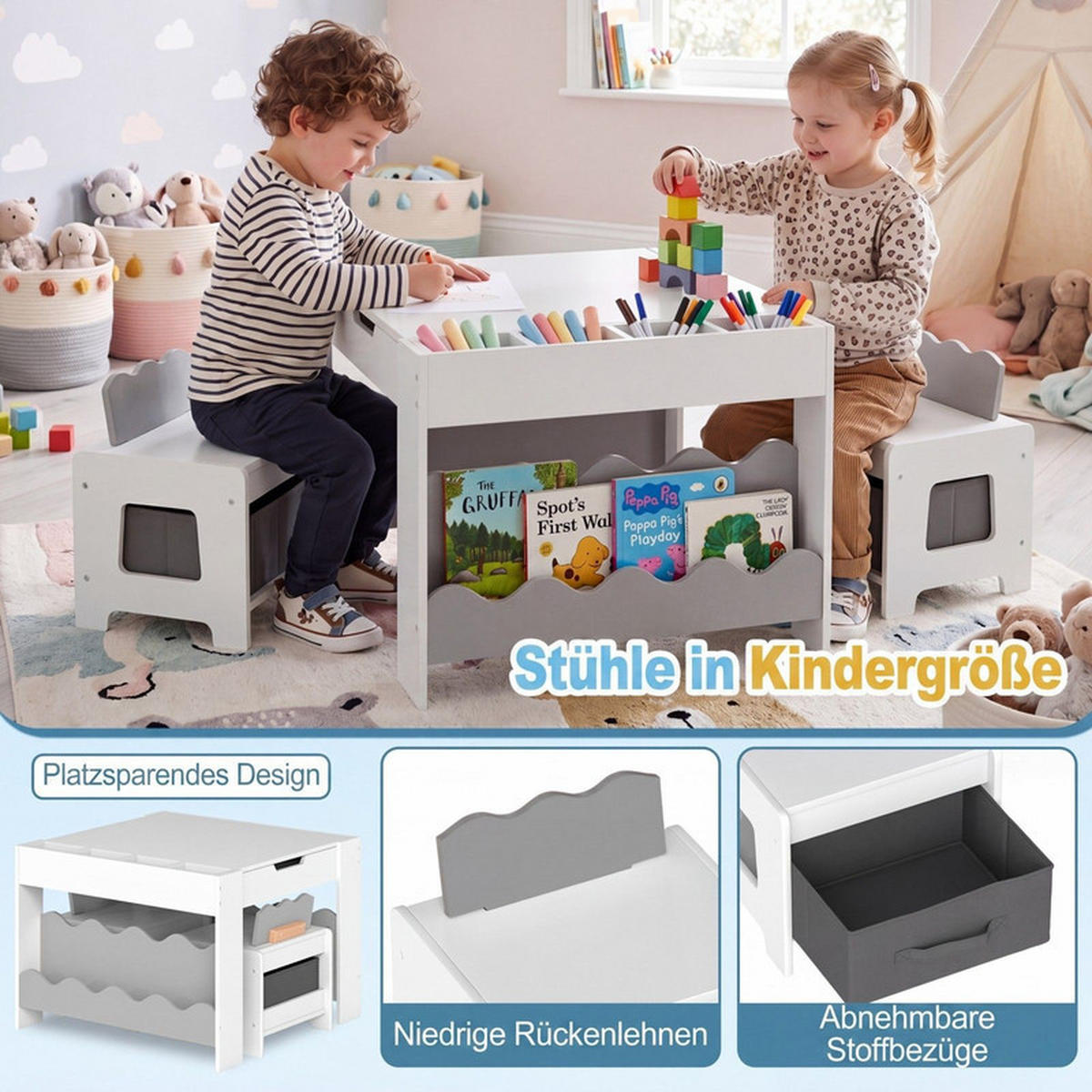 KINDERTISCH mit Stuhl grau(3-tlg) - Grau, Holzwerkstoff (66/48/64cm) - COSTWAY