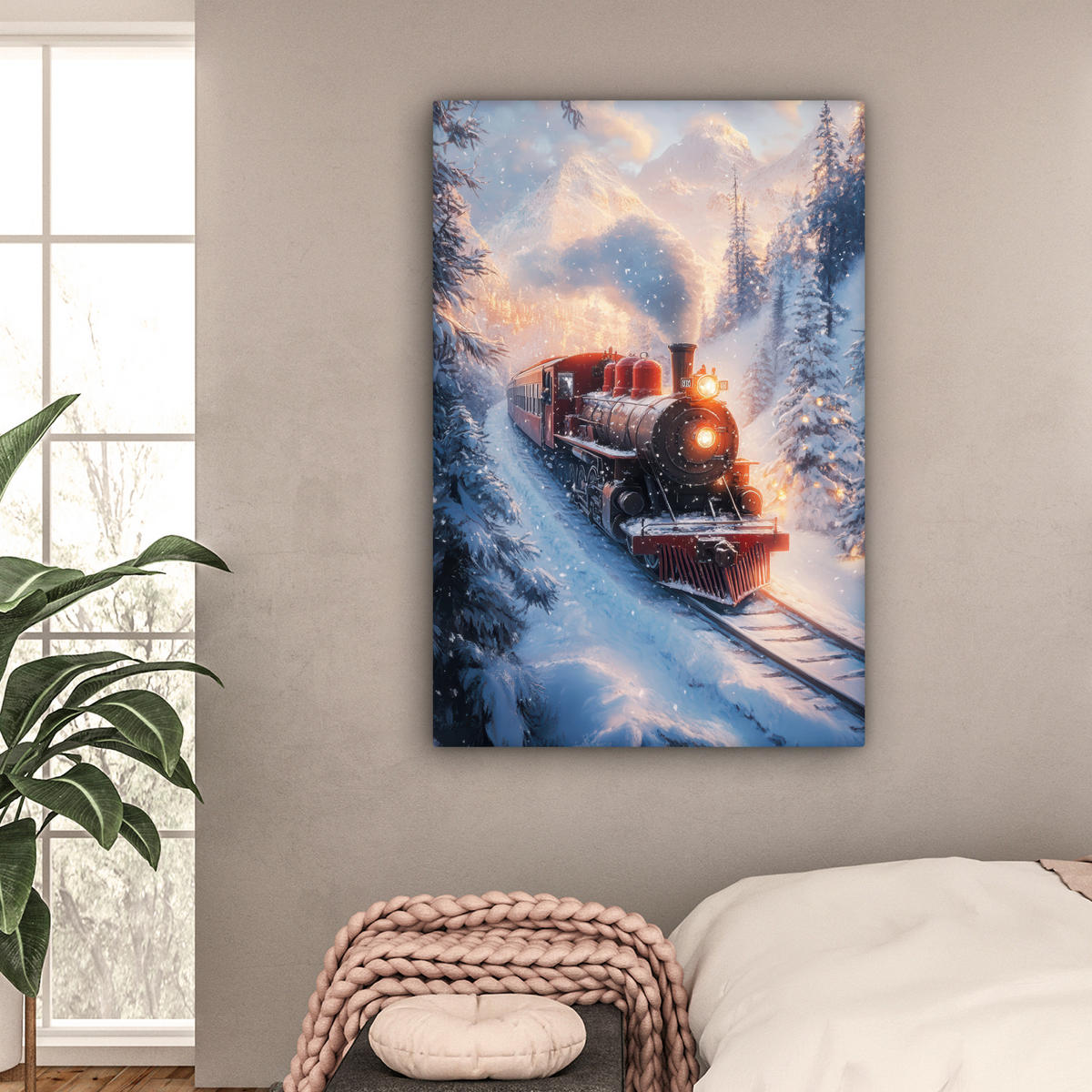 LEINWANDBILD Weihnachtszug - Schnee - Winter - Weihnachten 80x120 cm - Dunkelrot, Textil (80/120cm) - MuchoWow