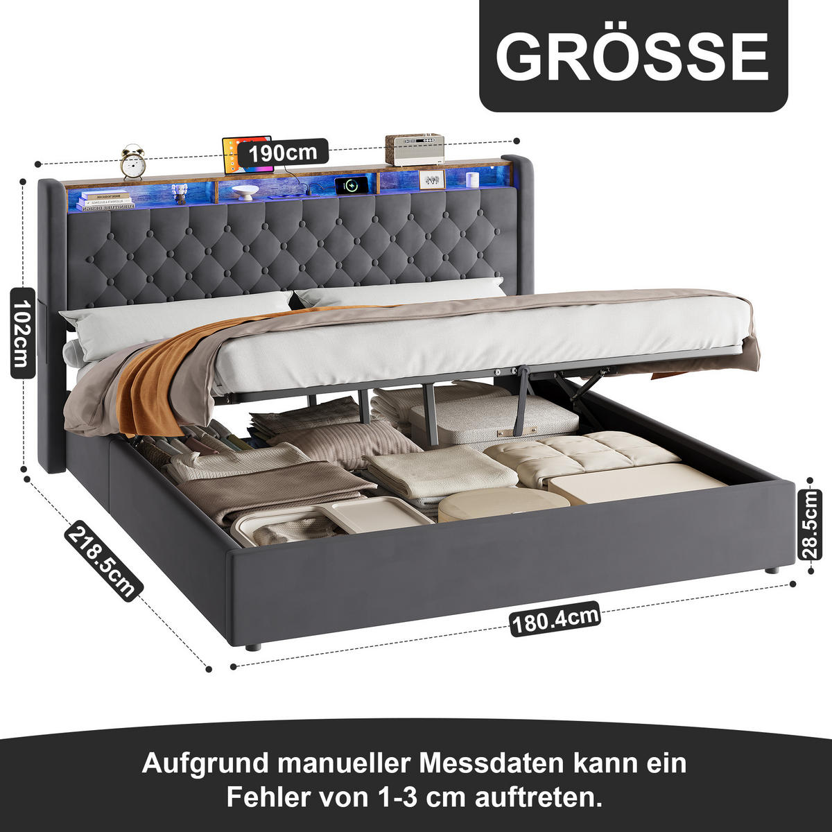 POLSTERBETT 180/200 cm in Dunkelgrau Samt mit Bettkasten, LED-Beleuchtung und USB-Anschluss - Dunkelgrau, Holzwerkstoff/Textil (180/200cm) - CHICFURN