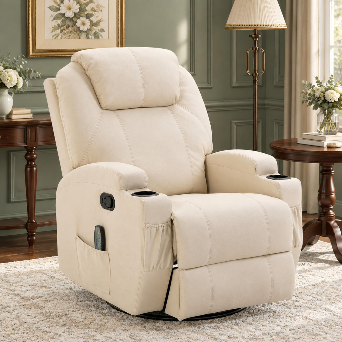 RELAXSESSEL in Cremeweiß 92x84x109 cm mit Massagefunktion, Schaukelfunktion und Drehfunktion - Creme, Leder (84/109/92cm) - IVMEU