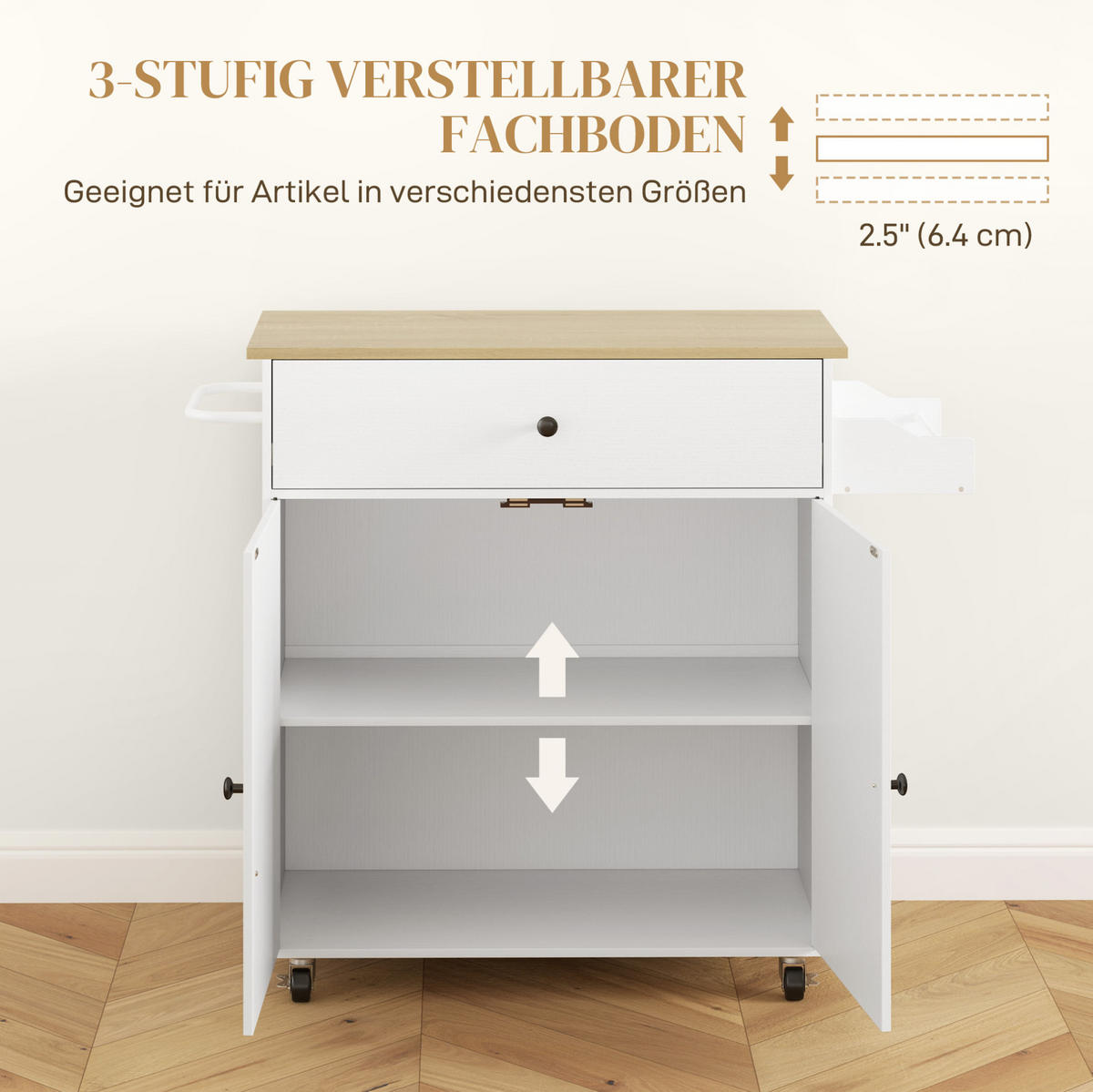 KÜCHENINSEL 106/42/87 cm in Weiß mit klappbarer Arbeitsplatte und Rollen - Weiß, Holzwerkstoff (106/87/42cm) - Flora Grace