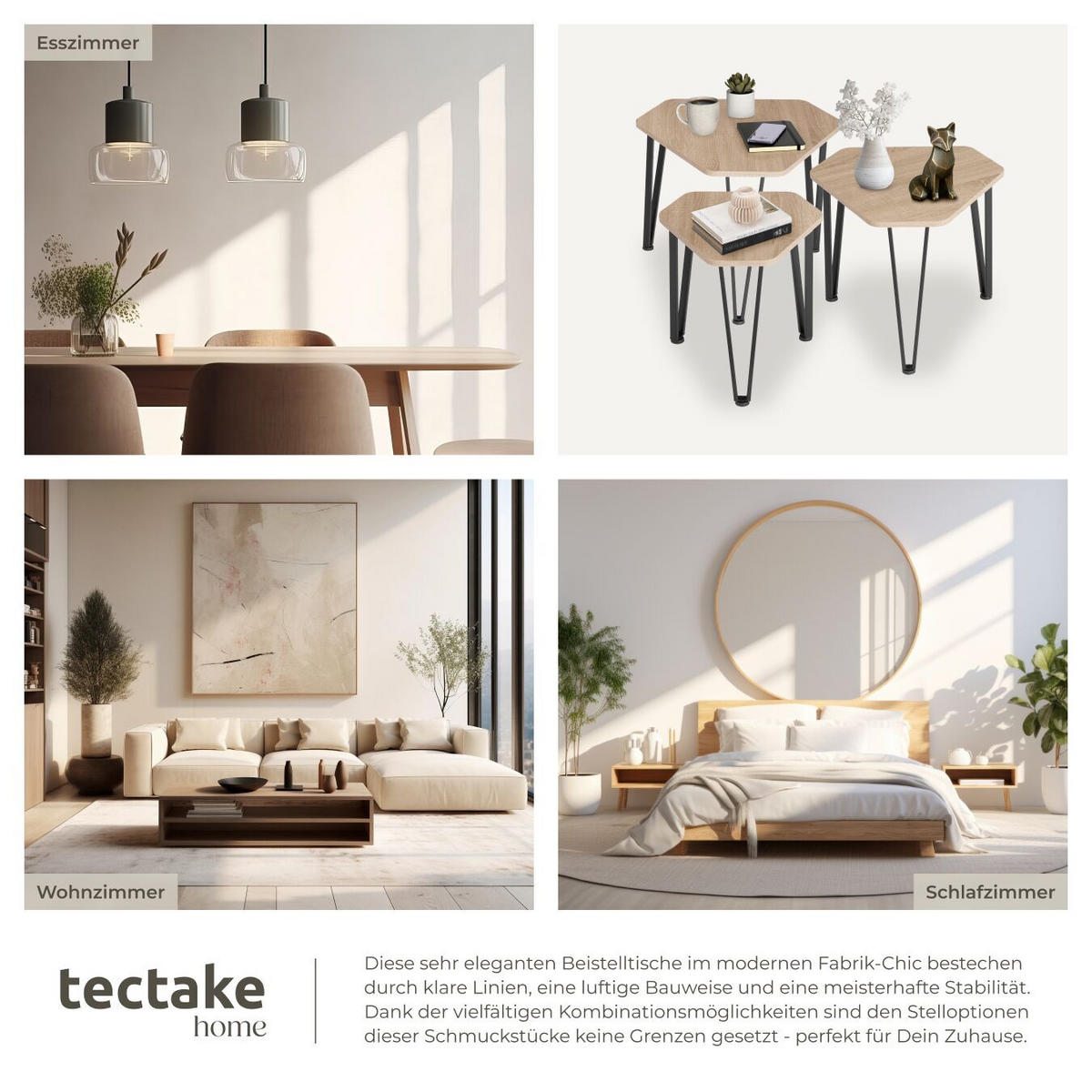 BEISTELLTISCH-SET Torquay,stapelbar,Industrial Holz hell, Eiche Sonoma - Naturfarben, Holzwerkstoff (58.7/52/45.5cm) - tectake