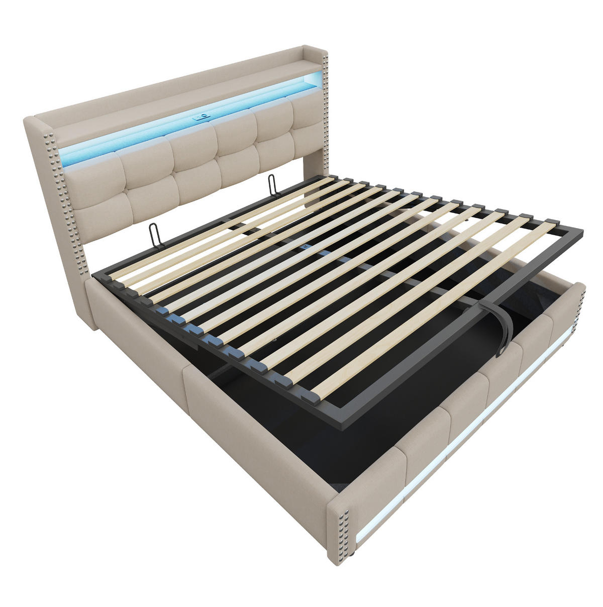 POLSTERBETT 180/200 cm Beige mit LED-Beleuchtung und USB- und Type-C-Anschlüssen - Beige, Textil (180/200cm) - OKWISH