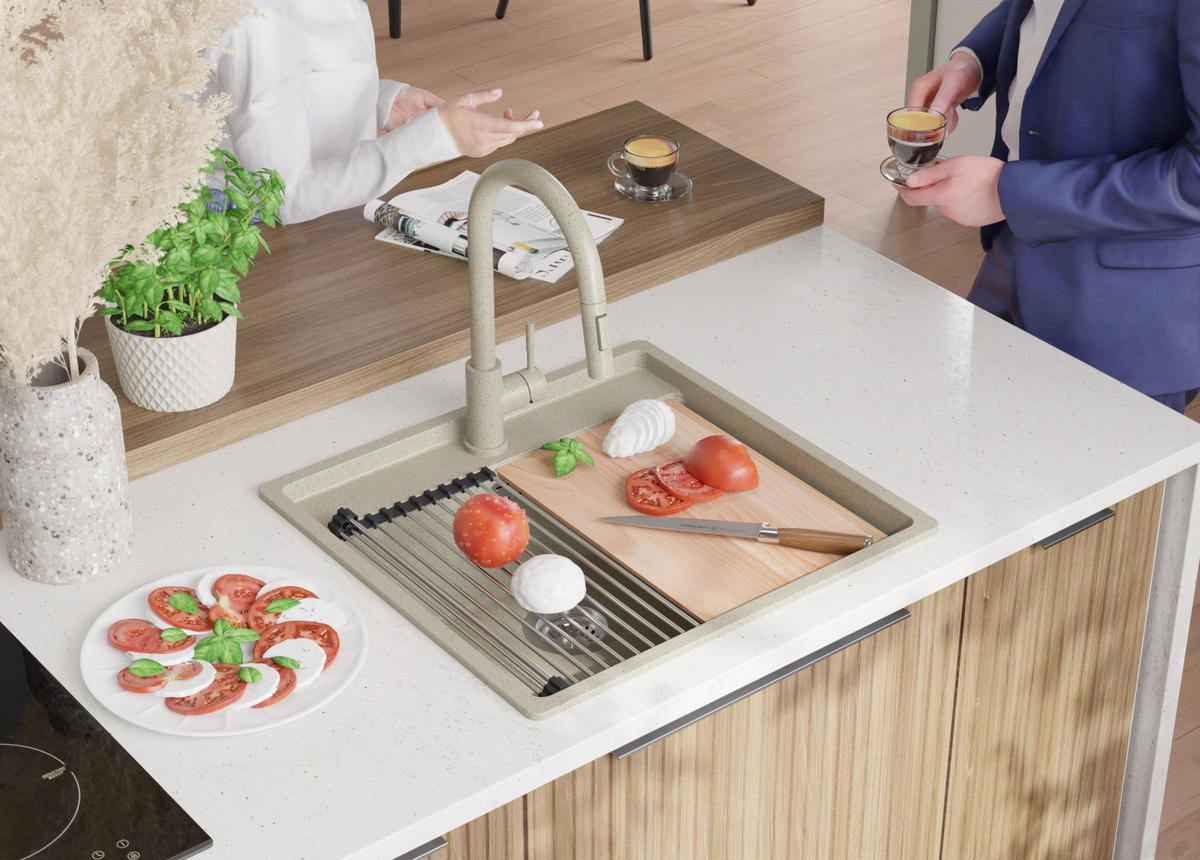 GRANITSPÜLE Bergen, 2-er set Beige 56/53 cm 1 Becken + Küchenarmatur 38/14 cm + Ablauf-Set + Schneidebrett ab 60er Unterschrank - Chromfarben/Beige, Kunststoff (56/20/53cm) - Primagran