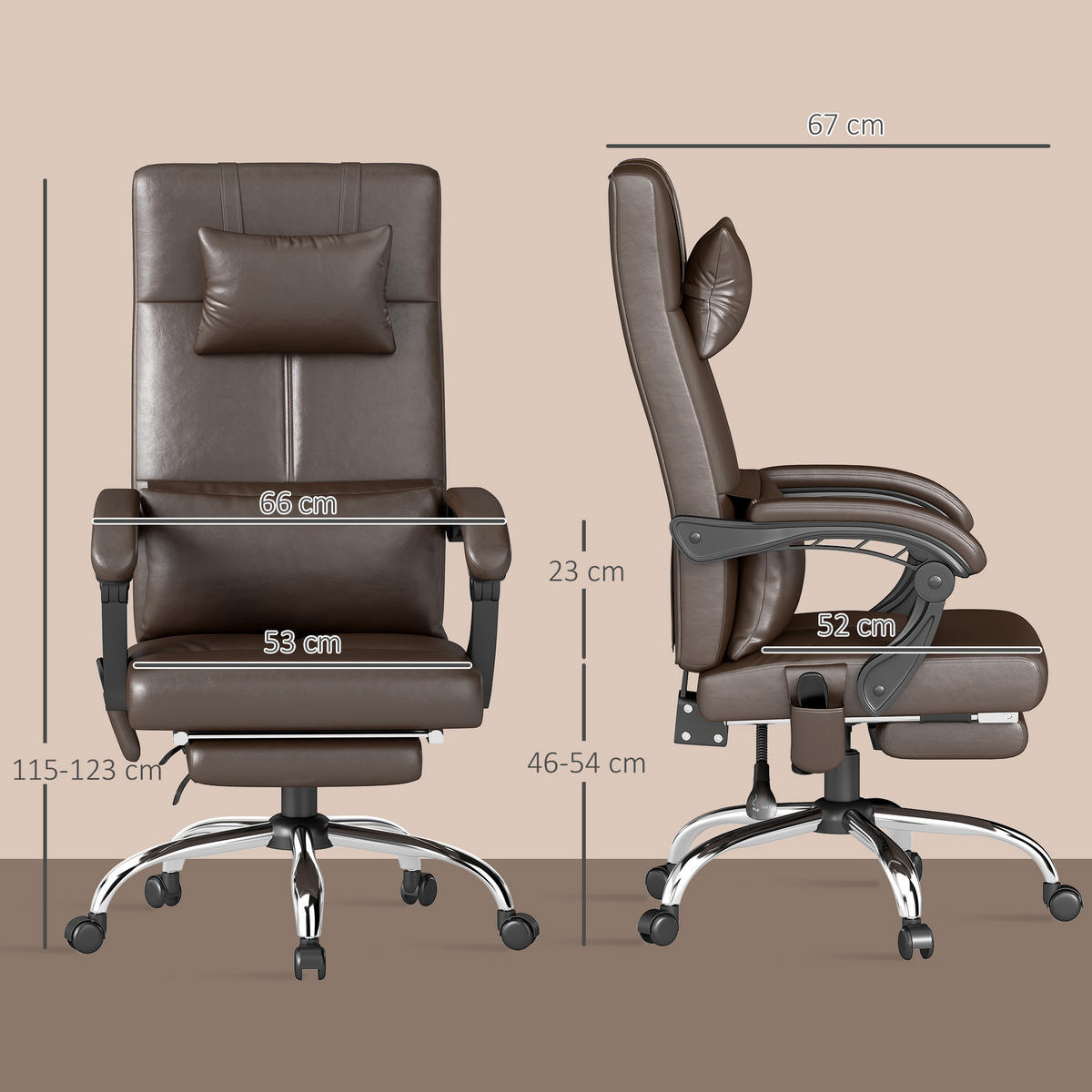 BÜROSTUHL mit Liegefunktion 66 x 67 x 123 cm Kaffee-Braun - Braun, Kunststoff (66/123/67cm) - Vinsetto