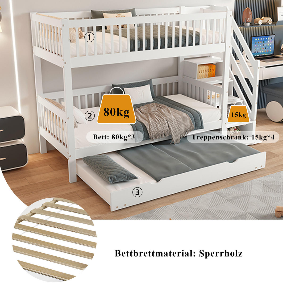 ETAGENBETT 90/200 cm aus Kiefer und MDF mit Rollbett, Leiterschrank und Rundum-Fallschutz, Weiß - Weiß, Holz (90/200cm) - Redom