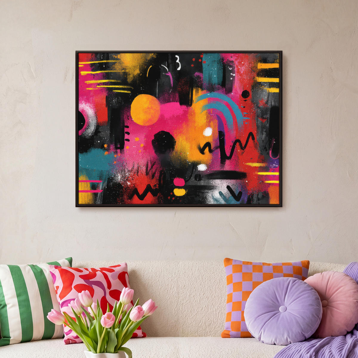 LEINWAND Bilder mit Rahmen - Farbflächen - Formen - Bunt - Abstrakt - 80x60 - Pink, Textil (80/60cm) - MuchoWow