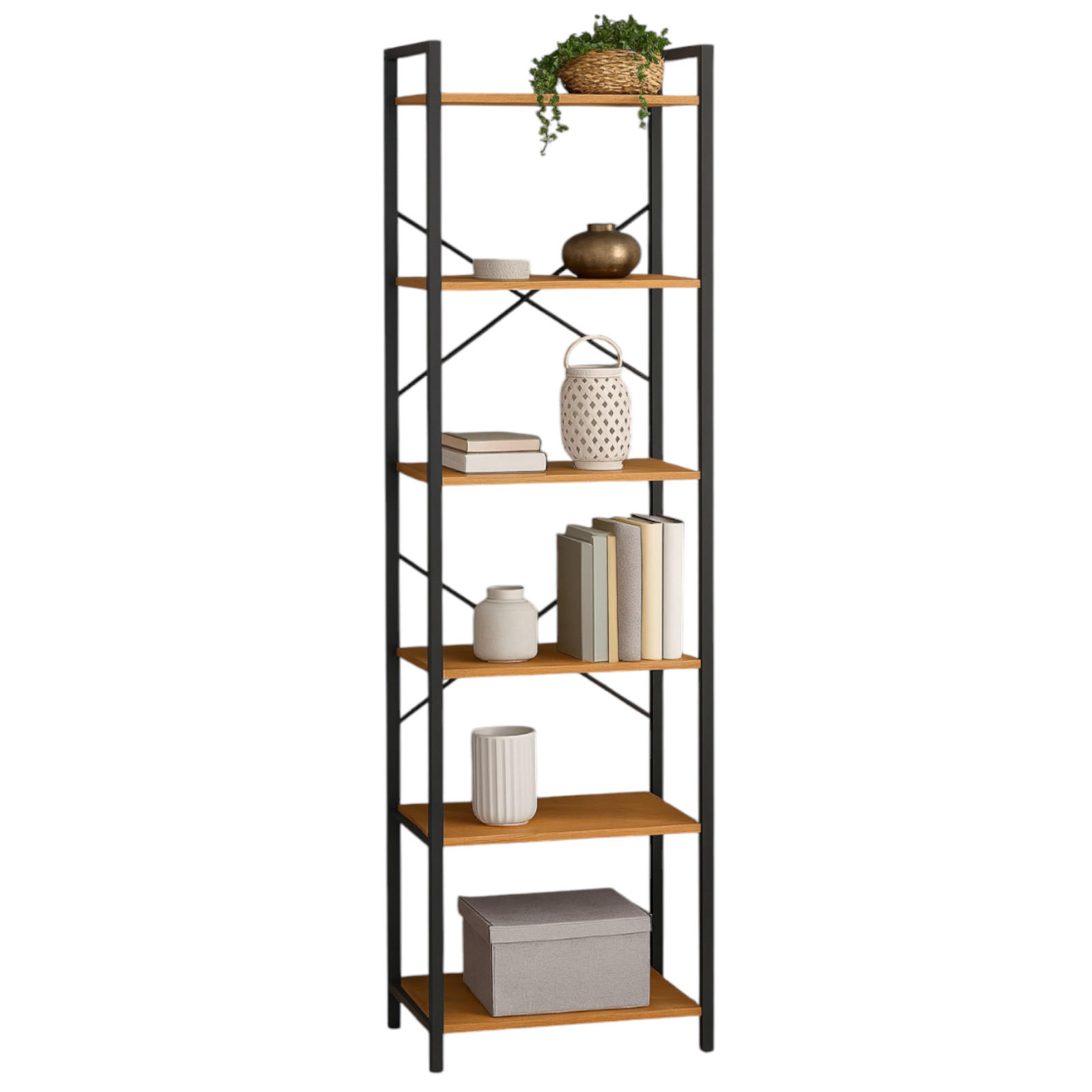 STANDREGAL Holzoptik Metall Eichefarben Schwarz 6 Böden 66x30x186 cm - Eichefarben/Schwarz, Holzwerkstoff/Metall (66/186/30cm) - Begryf