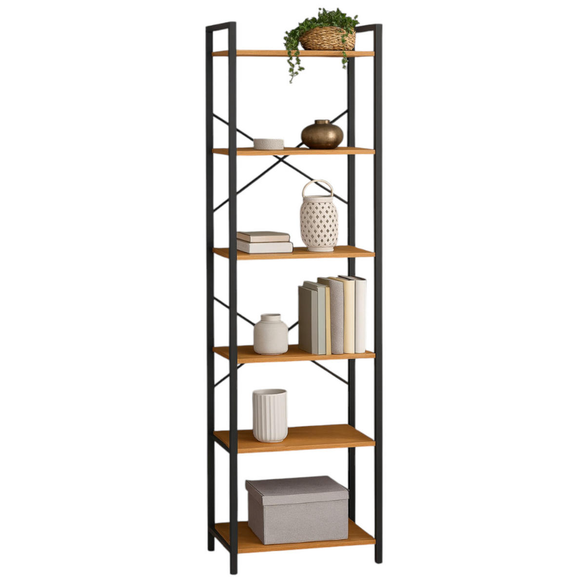 STANDREGAL Holzoptik Metall Eichefarben Schwarz 6 Böden 66x30x186 cm - Eichefarben/Schwarz, Holzwerkstoff/Metall (66/186/30cm) - Begryf