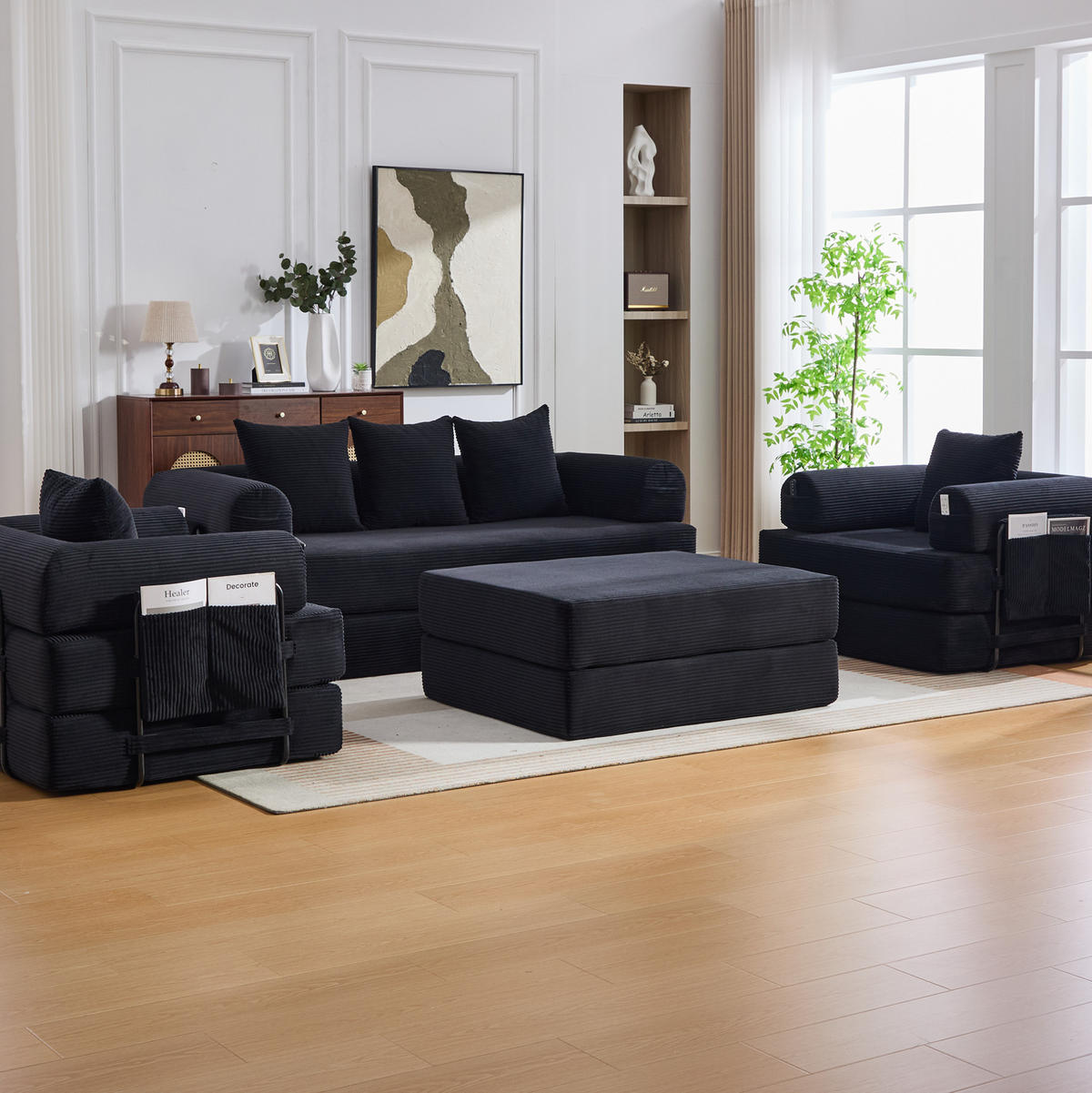 SOFA modular mit Hocker 200 x 94 x 67 cm Cord Black - Schwarz, Kunststoff (190/67/312cm) - Meubliv