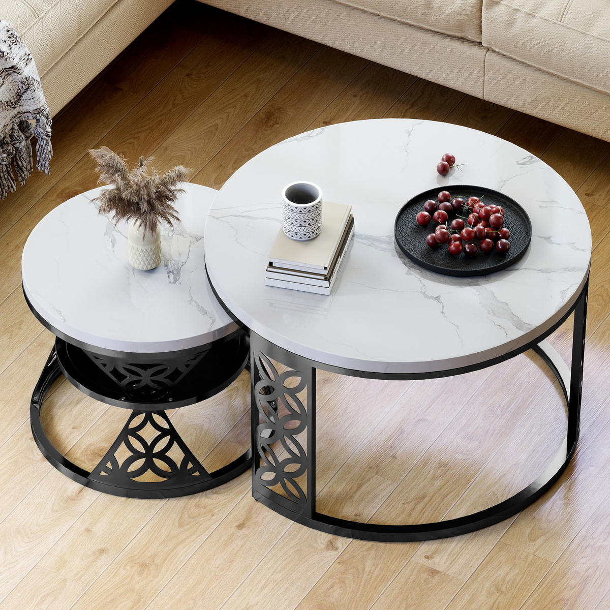 COUCHTISCH-SET mit Marmoreffekt und Metallrahmen Basis, Stapelbarer Beistelltisch Set 70/70/45 cm + 45/45/37 cm, Weiß und Schwarz - Weiß, Holzwerkstoff (70/70/45cm) - Redom