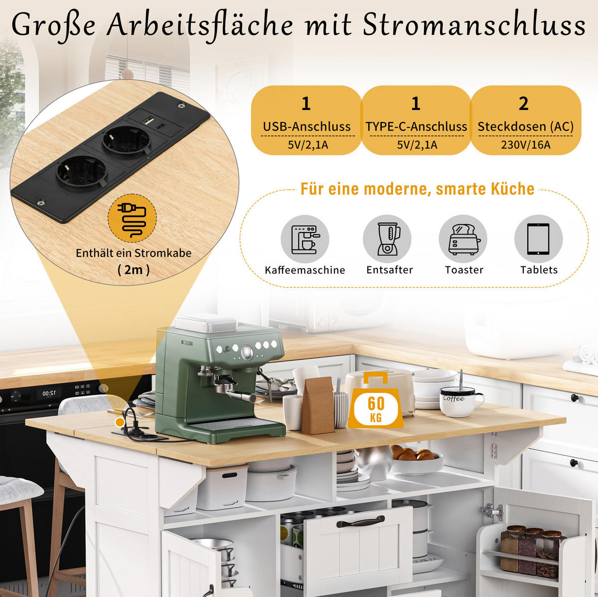 KÜCHENINSEL 120/40-80/92 cm aus MDF mit klappbarer Arbeitsplatte, Steckdosen, Rollen und Stauraum, Weiß/Naturfarben - Weiß, Holzwerkstoff (120/92/80cm) - Redom