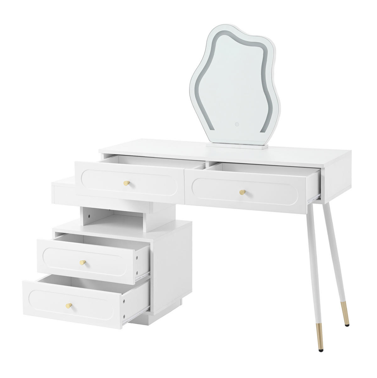 SCHMINKTISCH 140x40x130 cm Weiß mit LED-Spiegel, 4 Schubladen und flexiblem Seitenschrank - Weiß, Holzwerkstoff (140/130/40cm) - Modfu