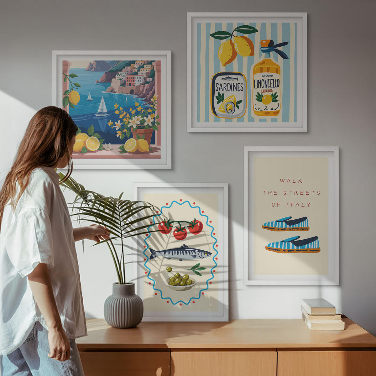 BILDER SET 4er Set - 50x50 cm & 40x60 cm Weißer Rahmen - Italienische Aromen, farbenfrohe Bilder - Weiß, Kunststoff (50/50cm) - TULUP