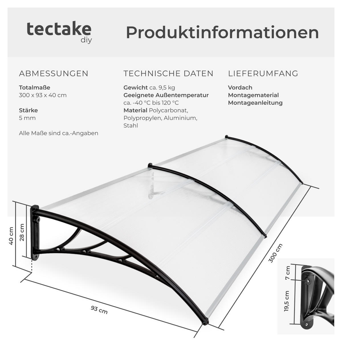 VORDACH ,300 x 93 cm,transparent - Transparent, Kunststoff (300/0.5/93cm) - tectake