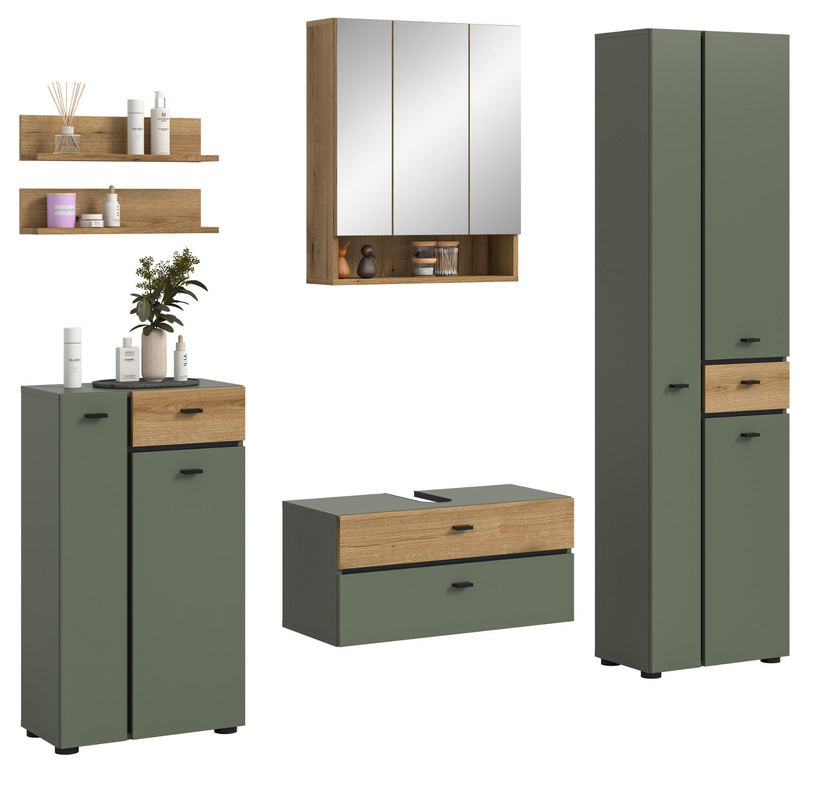 BADMÖBEL-SET grün, Evoke Eiche 6-teilig 207 cm, Komplettset mit viel Stauraum - Eichefarben/Schwarz, Glas/Holzwerkstoff (207/191/35cm) - Inn.Furn
