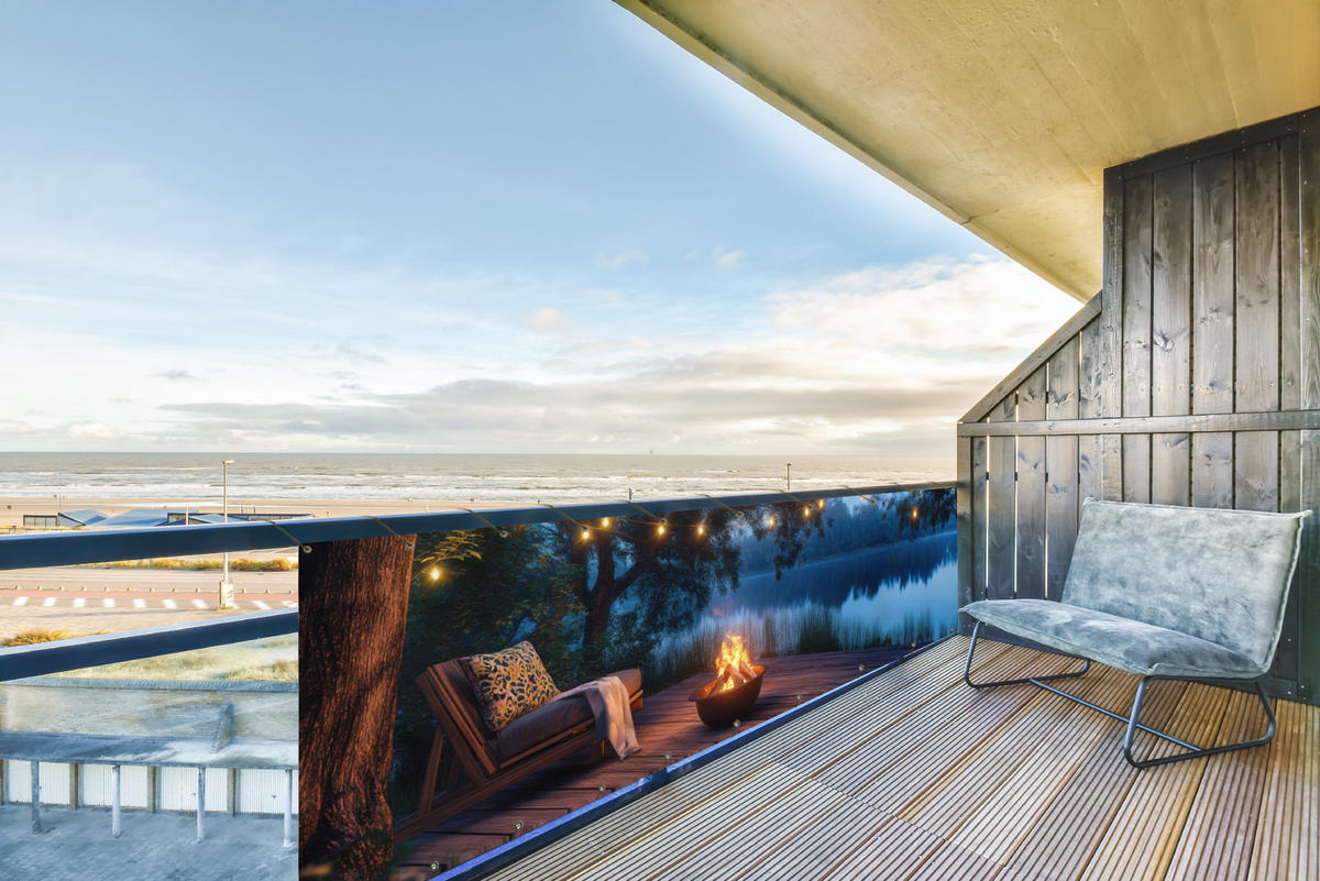 BALKON-SICHTSCHUTZ Lagerfeuer - See - Abendlicht - Dunkelblau, Kunststoff (300/80cm) - MuchoWow