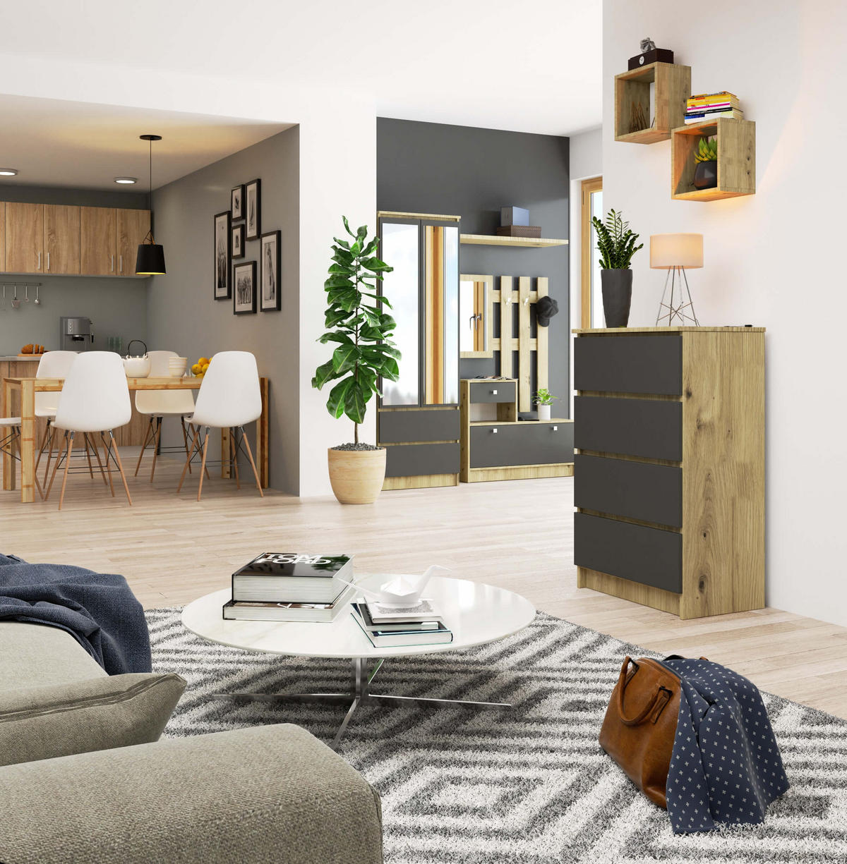 KOMMODE Eiche Artisan, Grau 60x40x99 cm - Eiche Artisan/Grau, Holzwerkstoff (60/99/40cm) - Akord