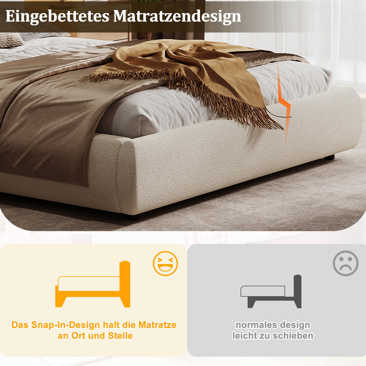 POLSTERBETT mit Stauraum Bouclé Beige inkl. Lattenrost - Beige, Metall (180/200cm) - Meubliv