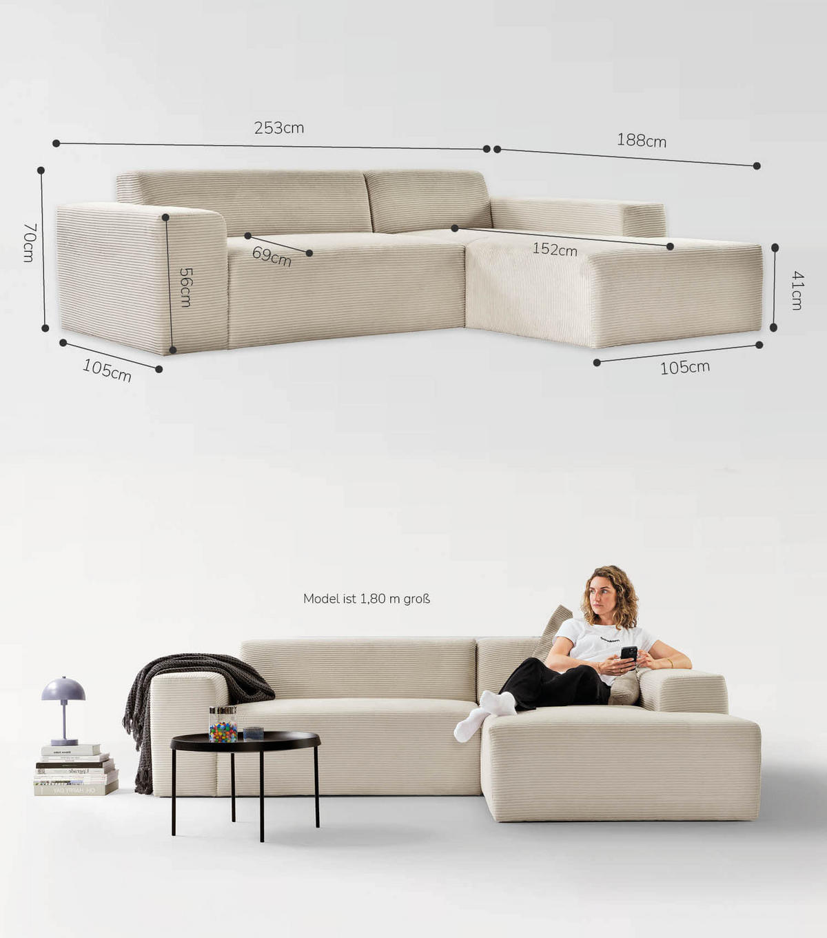 ECKSOFA Die Lässige Recamiere rechts - Beige, Textil (253/188cm) - Mokebo