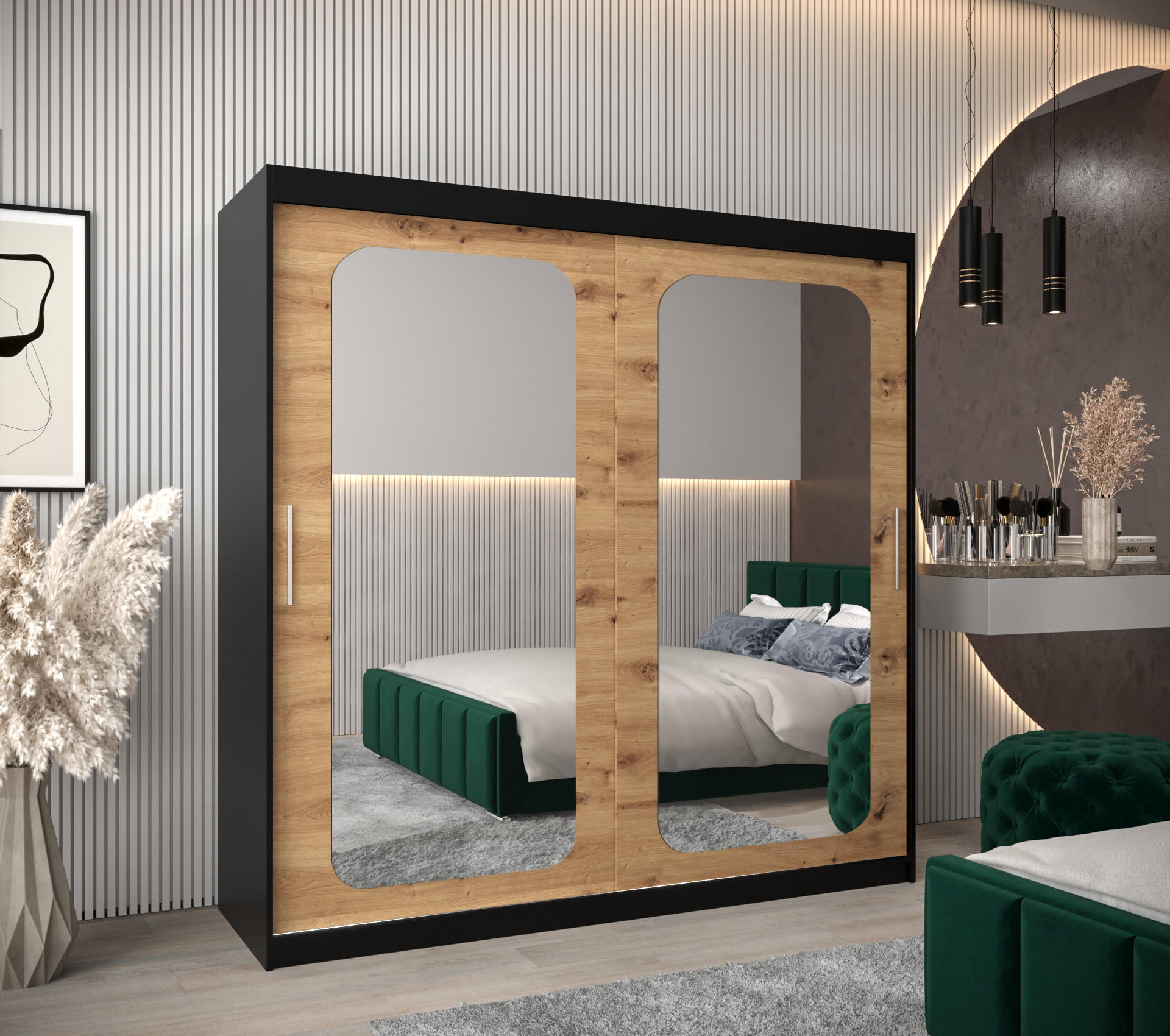 SCHWEBETÜRENSCHRANK 200/200/62 2-türig - Silberfarben/Schwarz, Holz/Kunststoff (200/200/62cm) - Abiks Möbel