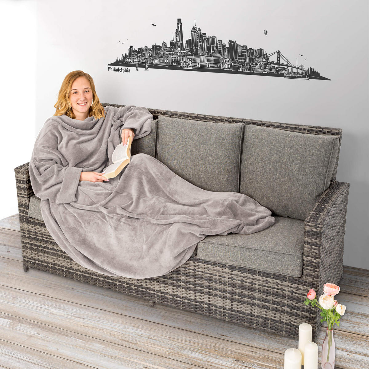 KUSCHELDECKE 2er Set mit Ärmeln, inklusive Tasche auf der Vorderseite, grau - Grau, Textil (150/180cm) - tectake
