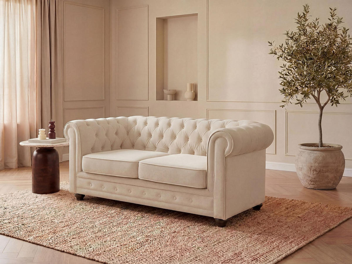 SOFA - 2 Personen - stoff - beige Chesterfield - Beige, Holz/Textil (165/72/88cm) - Vente-Unique