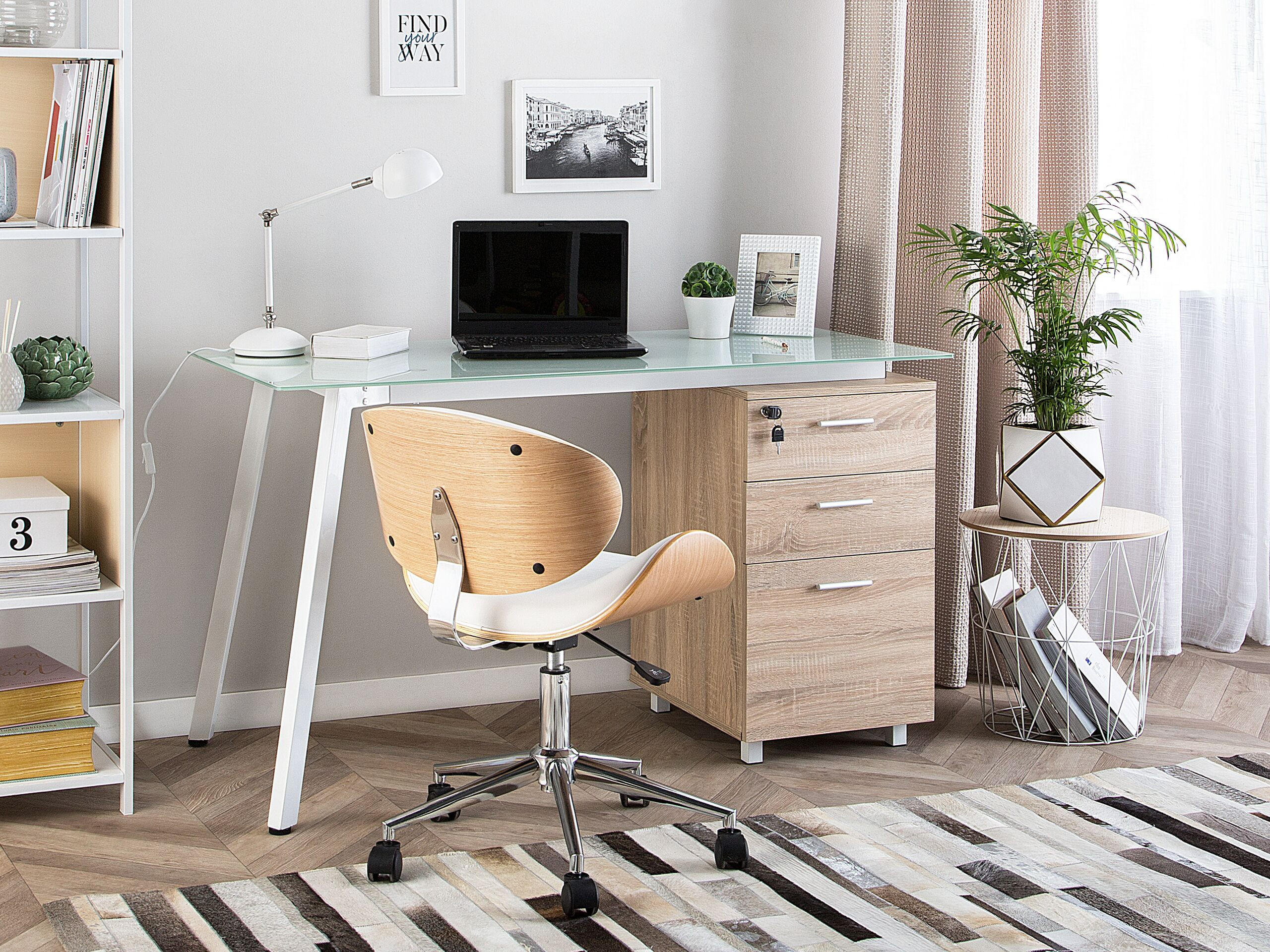SCHREIBTISCH weiß/heller Holzfarbton 130/60/77 cm Montevideo - Weiß, Holzwerkstoff (60/130/77cm) - Beliani