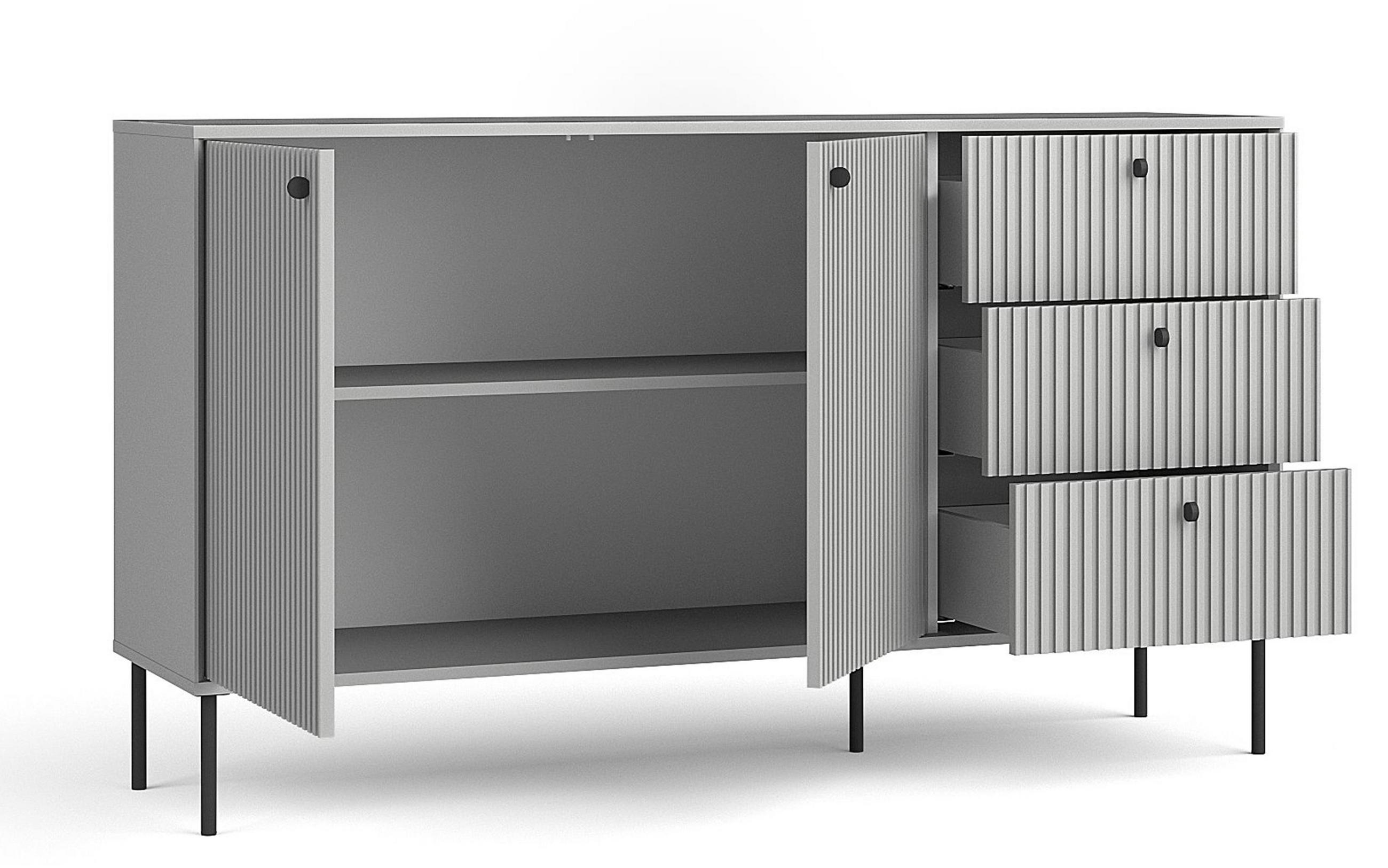 SIDEBOARD Irelis 2T3S Grau 156,2/89,2/41 cm – mit geriffelten Fronten, mit schwarzen Beinen - Schwarz/Grau, Holzwerkstoff/Metall (156.2/89.2/41cm) - AX Living