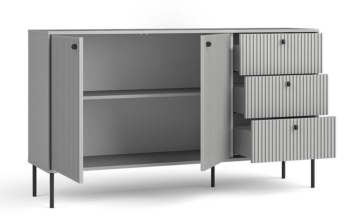 SIDEBOARD Irelis 2T3S Grau 156,2/89,2/41 cm – mit geriffelten Fronten, mit schwarzen Beinen - Schwarz/Grau, Holzwerkstoff/Metall (156.2/89.2/41cm) - AX Living