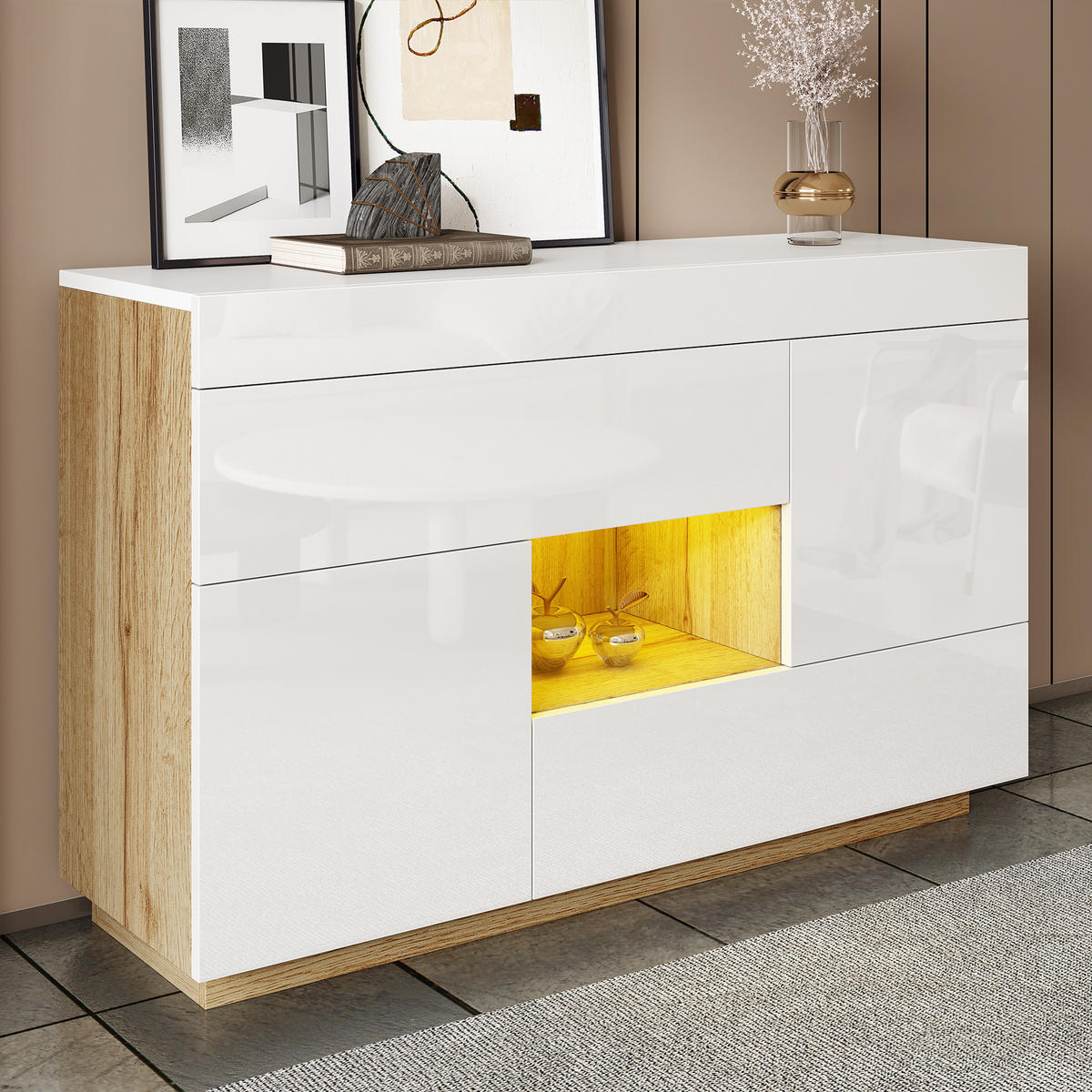 SIDEBOARD mit 2 Schubladen, Türen und offenem Fach, Hochglanz mit Holzoptik, integrierter 16-Farben-LED-Streifen, Spanplatte, 120/37/76,5 cm, Weiß - Weiß, Holzwerkstoff (120/37/76.5cm) - Redom
