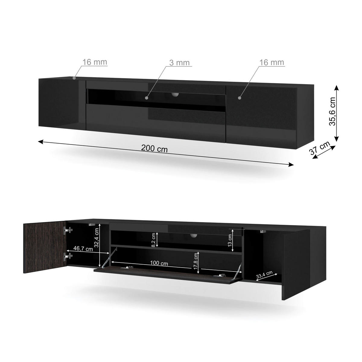 TV LOWBOARD Schwarz matt, Schwarz Hochglanz 200/42/37 - Schwarz Hochglanz, Holzwerkstoff (200/42/37cm) - RAUMHIRSCH FURNITURE
