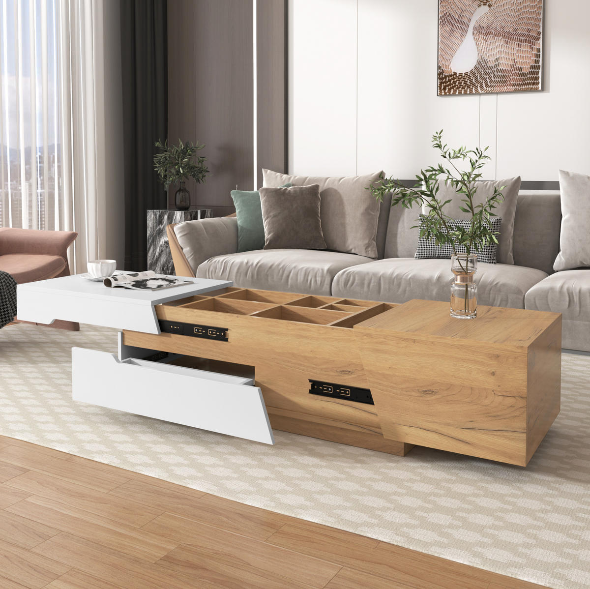 COUCHTISCH aus MDF mit verschiebbarem Stauraum und 2 Schubladen, 120/50/37,5 cm, weiß und natur - Weiß, Holzwerkstoff (120/50/37.5cm) - Redom