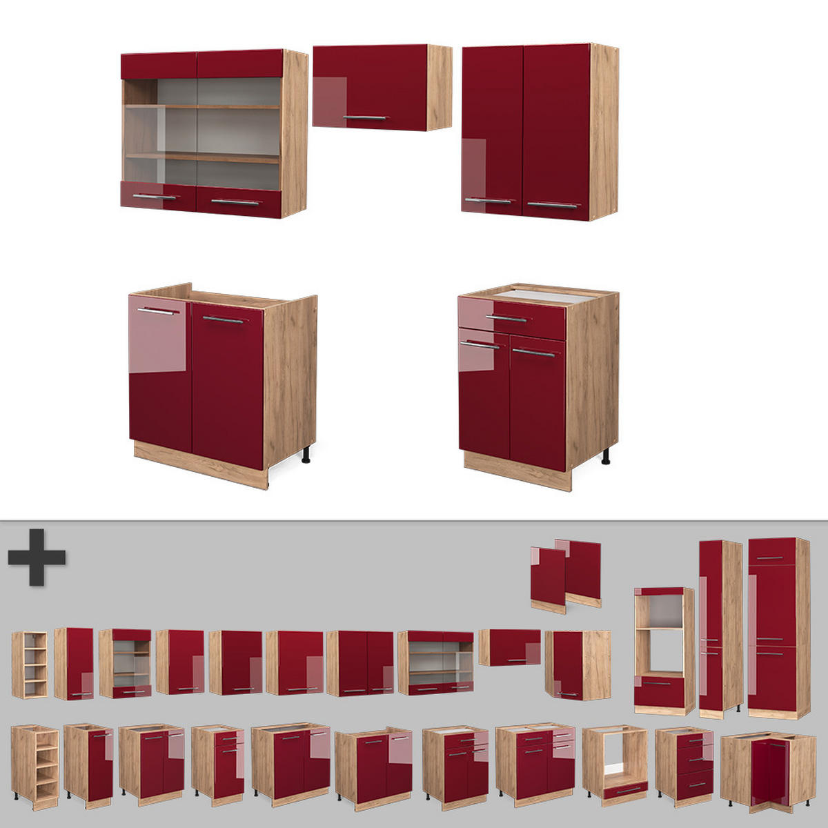 KÜCHENZEILE Fame-Line Bordeaux Hochglanz/Goldkraft Eiche 200 cm AP Eiche - Bordeaux/Eiche Wotan, Holzwerkstoff (200/81.6/60cm) - Vicco