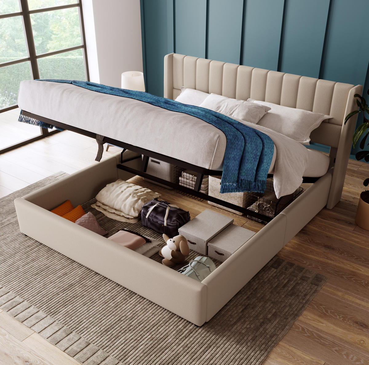 BETT mit Bettkasten 140x200 cm Leinen Beige inkl. Matratze - Beige, Metall (140/200cm) - Meubliv