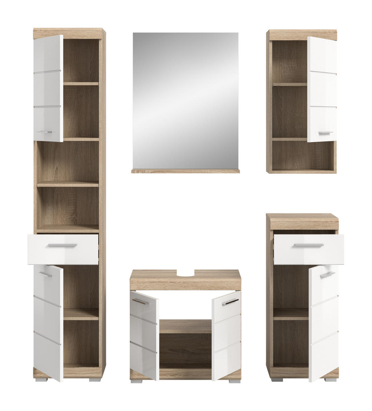 BADMÖBEL-SETWEISS Hochglanz, Eiche 5-teilig 164 cm, Komplettset mit viel Stauraum - Weiß Hochglanz/Eichefarben, Holzwerkstoff (164/191/34cm) - Inn.Furn