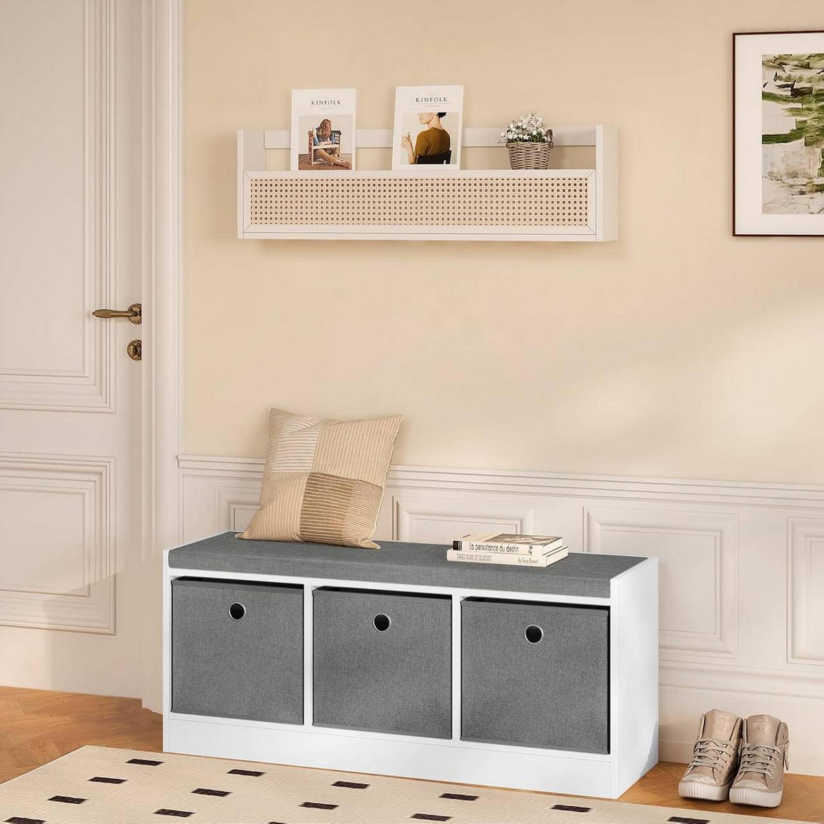 SITZBANK mit 3 Stoffschubladen, Weiß Grau - Weiß/Grau, Holzwerkstoff/Kunststoff (102/45.5/32cm) - Woltu