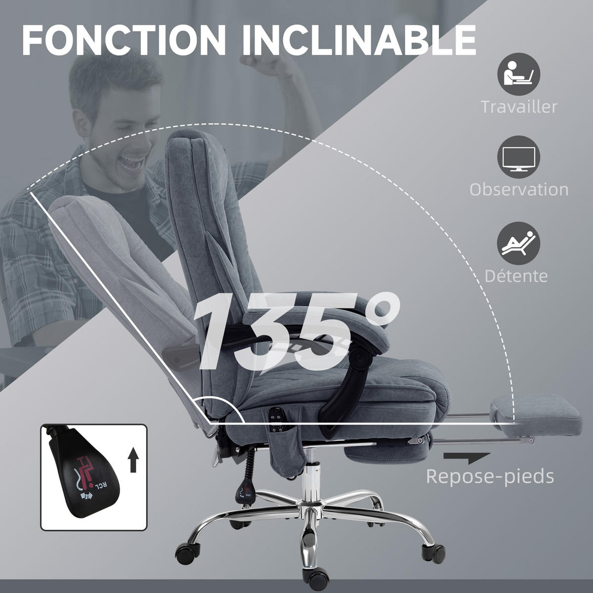 CHEFSESSEL DE-11728 mit massage- & heizfunktion neigbar Grau - Dunkelgrau, Textil (72/119/67cm) - ComfortXL