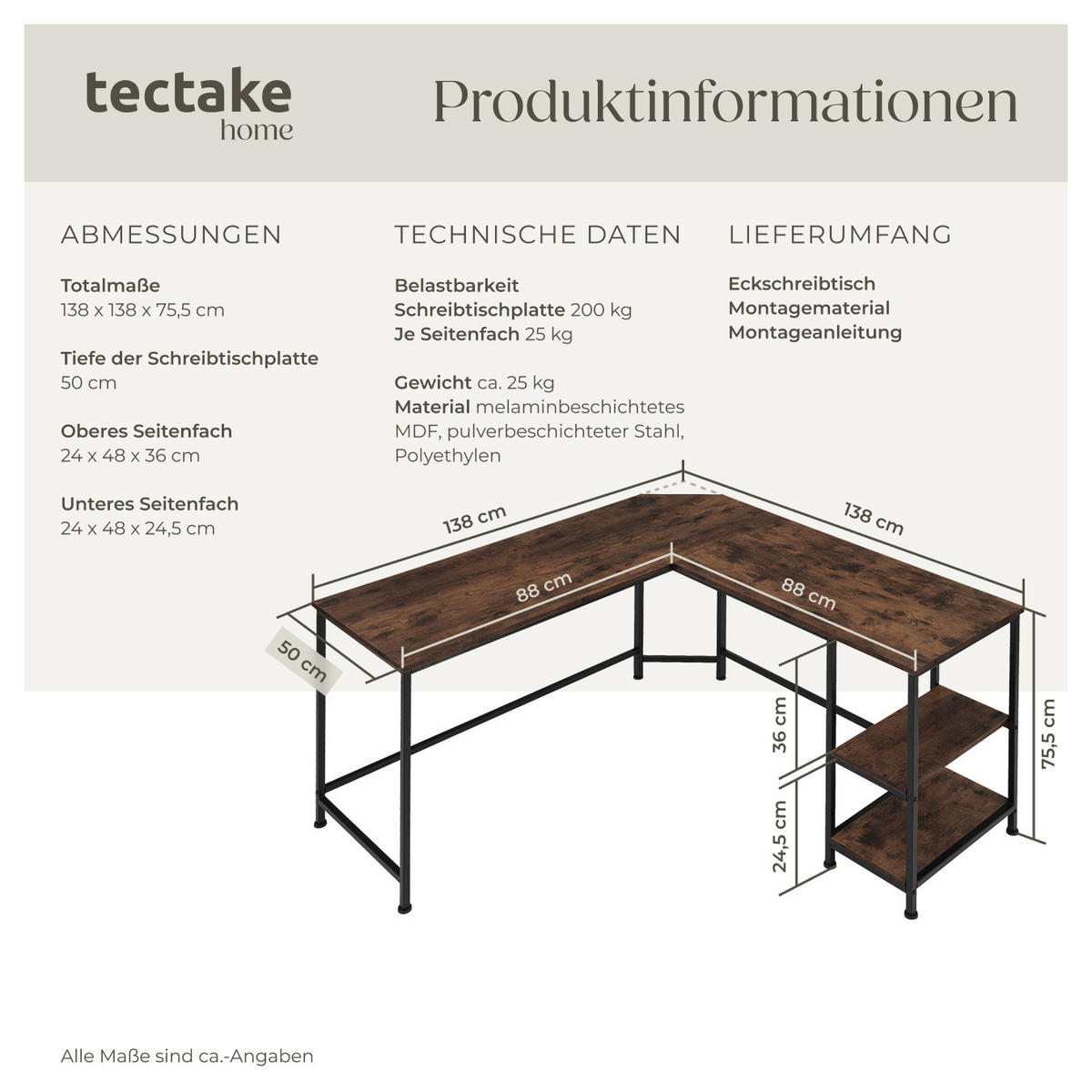 SCHREIBTISCH Hamilton,138 x 138 x 75,5 cm,Industrial Holz dunkel, rustikal - Rostfarben, Holz (138/138/75.5cm) - tectake