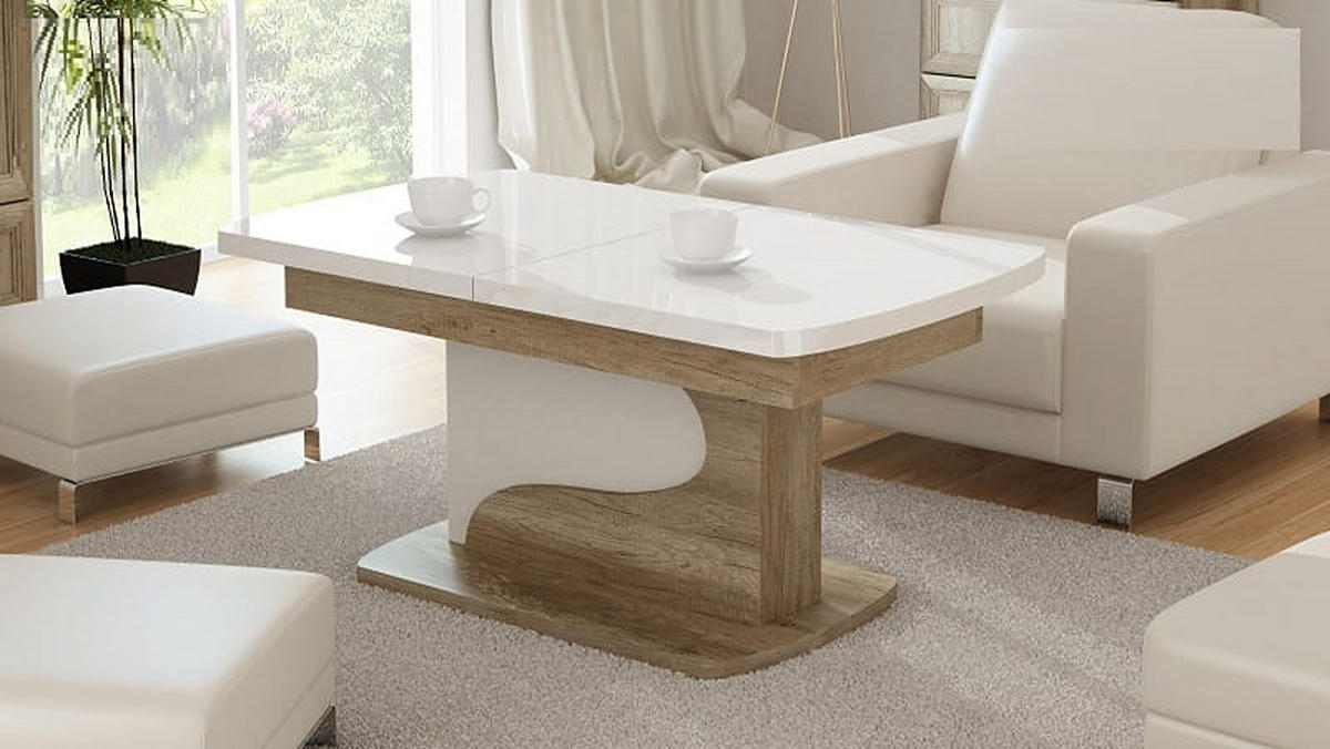 COUCHTISCH rechteckig Weiß Hochglanz - Eiche Gold ausziehbar höhenverstellbar - Weiß Hochglanz/Eichefarben, Holzwerkstoff (70/120/58cm) - designimpex
