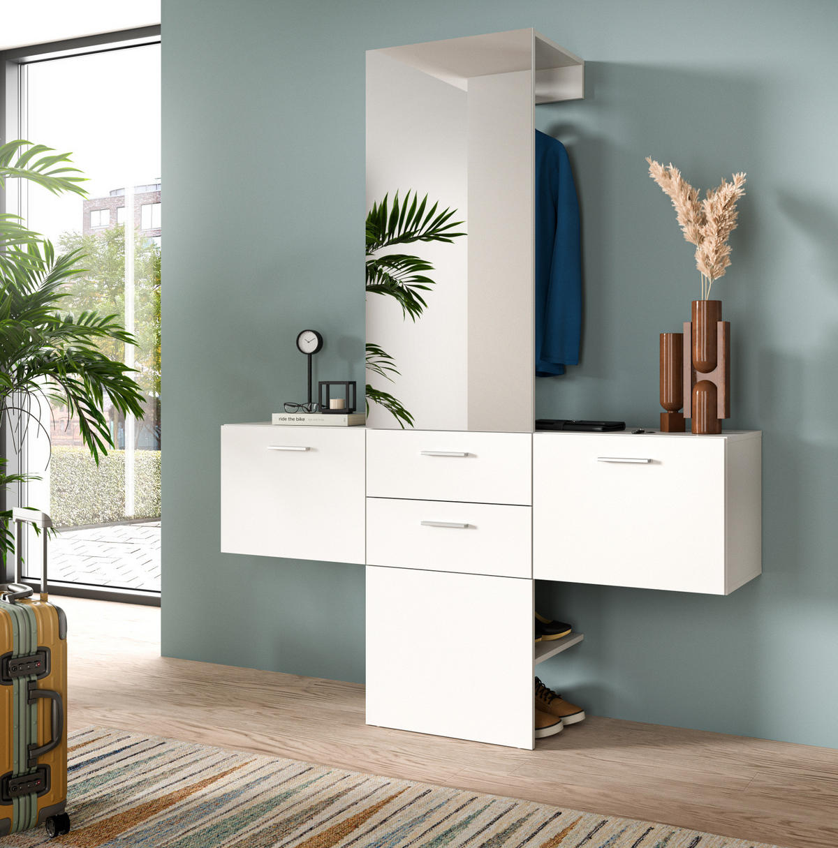 GARDEROBE Set 3-teilig weiß 156 cm, Komplettset mit Spiegel - Silberfarben/Weiß, Glas/Holzwerkstoff (156/190/36cm) - Inn.Furn