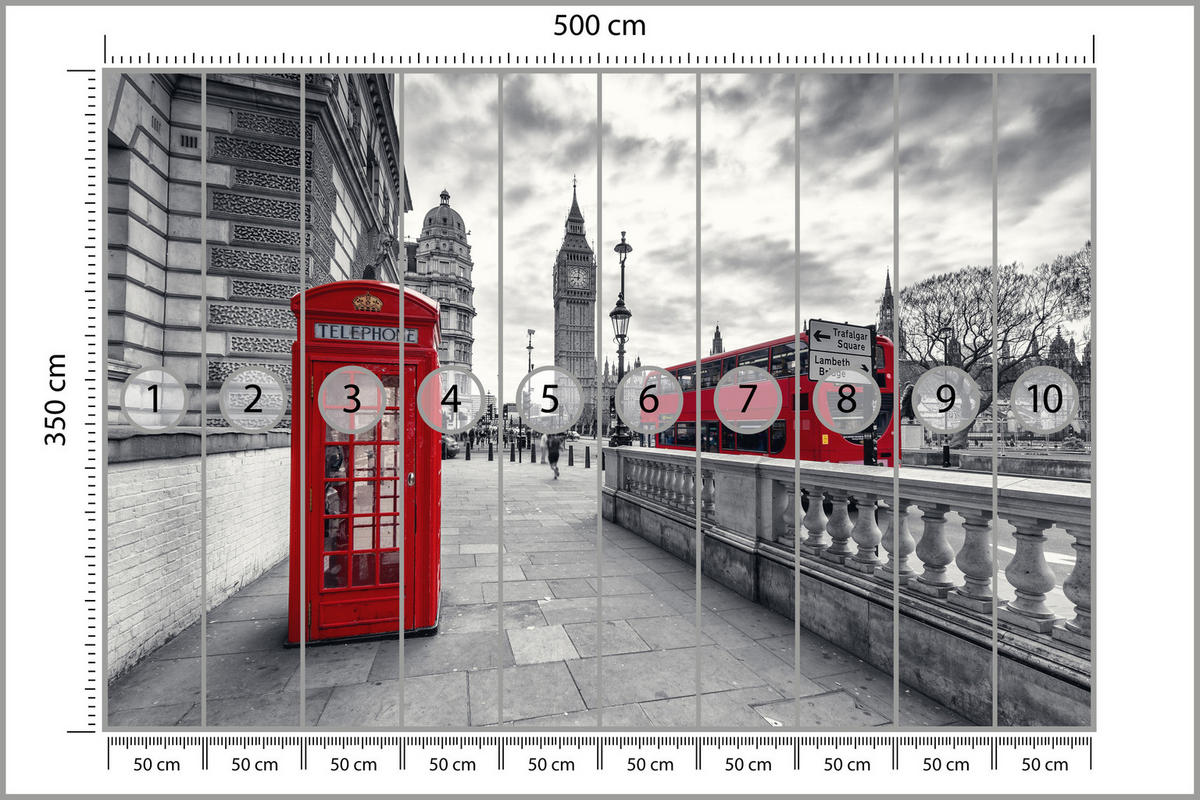 FOTOTAPETE für Wohnzimmer Rote Telefonzelle London Monument BIG BEN Bus 500x350 - Rot/Weiß, Papier (500/350cm) - Muralo