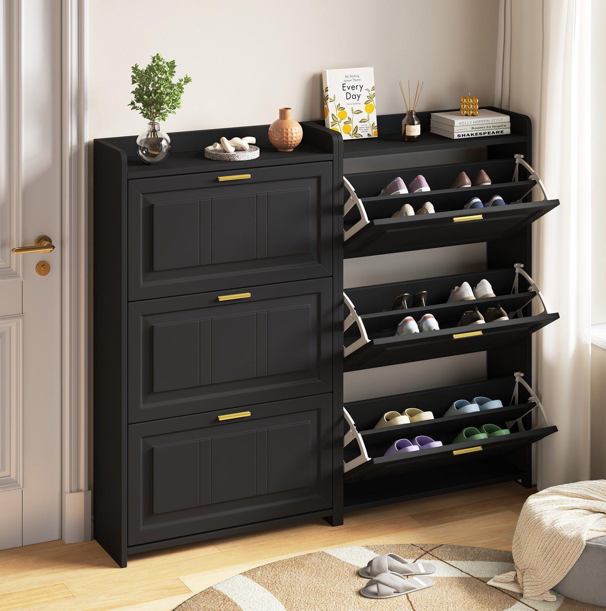 SCHUHSCHRANK mit 3 Klappen 70/24/120 cm im 2er-Set, schwarz - Schwarz, Holzwerkstoff (140/120/24cm) - BEAOK